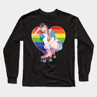 Roller Girl Skater Skates Skating Rainbow Heart Long Sleeve T-Shirt